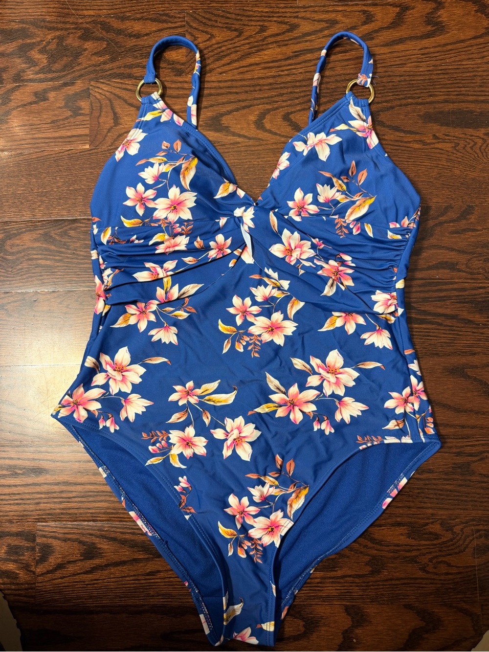 Women’s Blue Floral One-Piece Swimsuit with Adjustable Straps Size 8